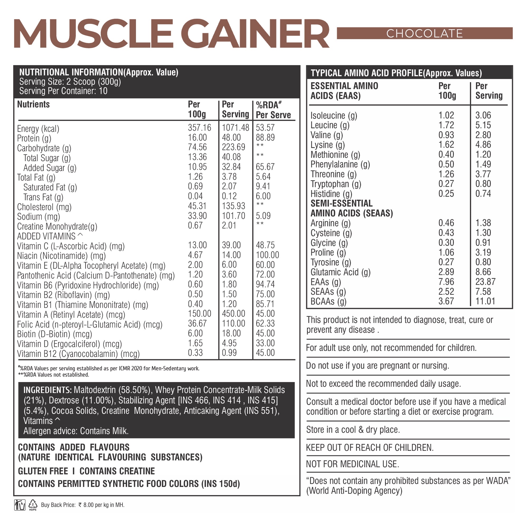 Healthfarm Muscle Gainer (3kg) + Intra BCAA + Creatine (100g) + Free Shaker