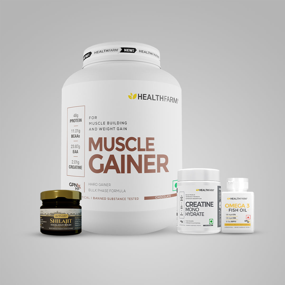 Healthfarm Muscle Gainer + Omega 3 Fish Oil + Creatine 100g Combo