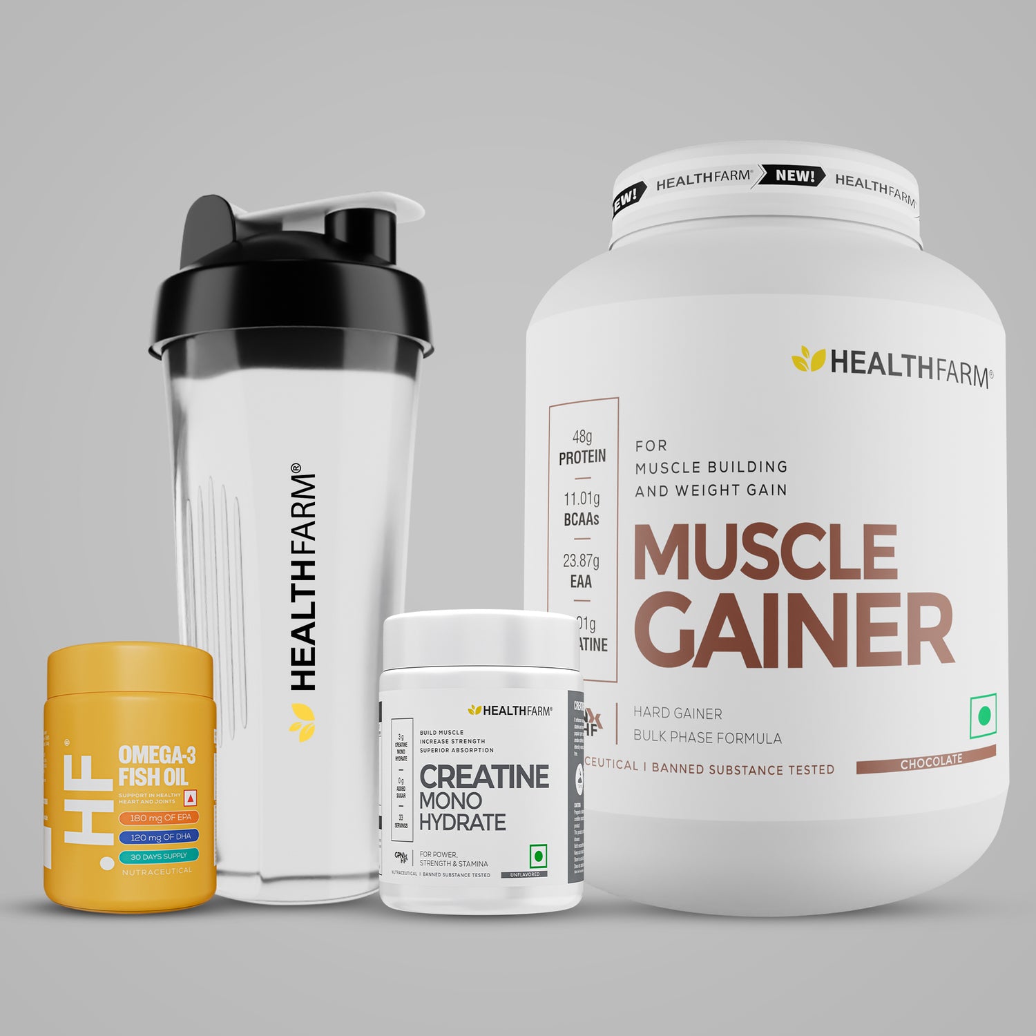 Healthfarm Muscle Gainer (3kg) + Intra BCAA + Fish Oil + Free Shaker