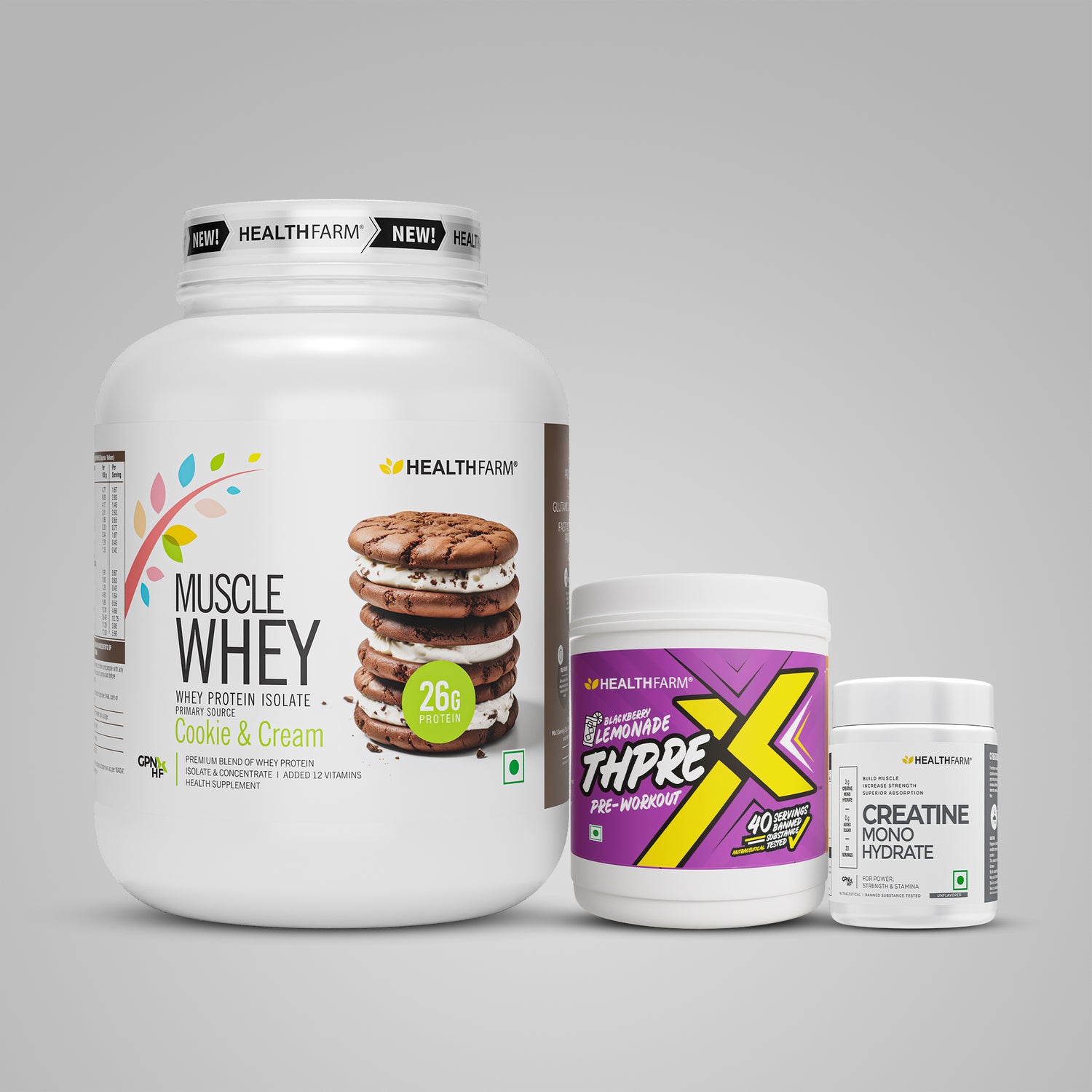 Healthfarm Muscle Whey (2Kg) + ThPreX Pre-workout + Creatine (100g)