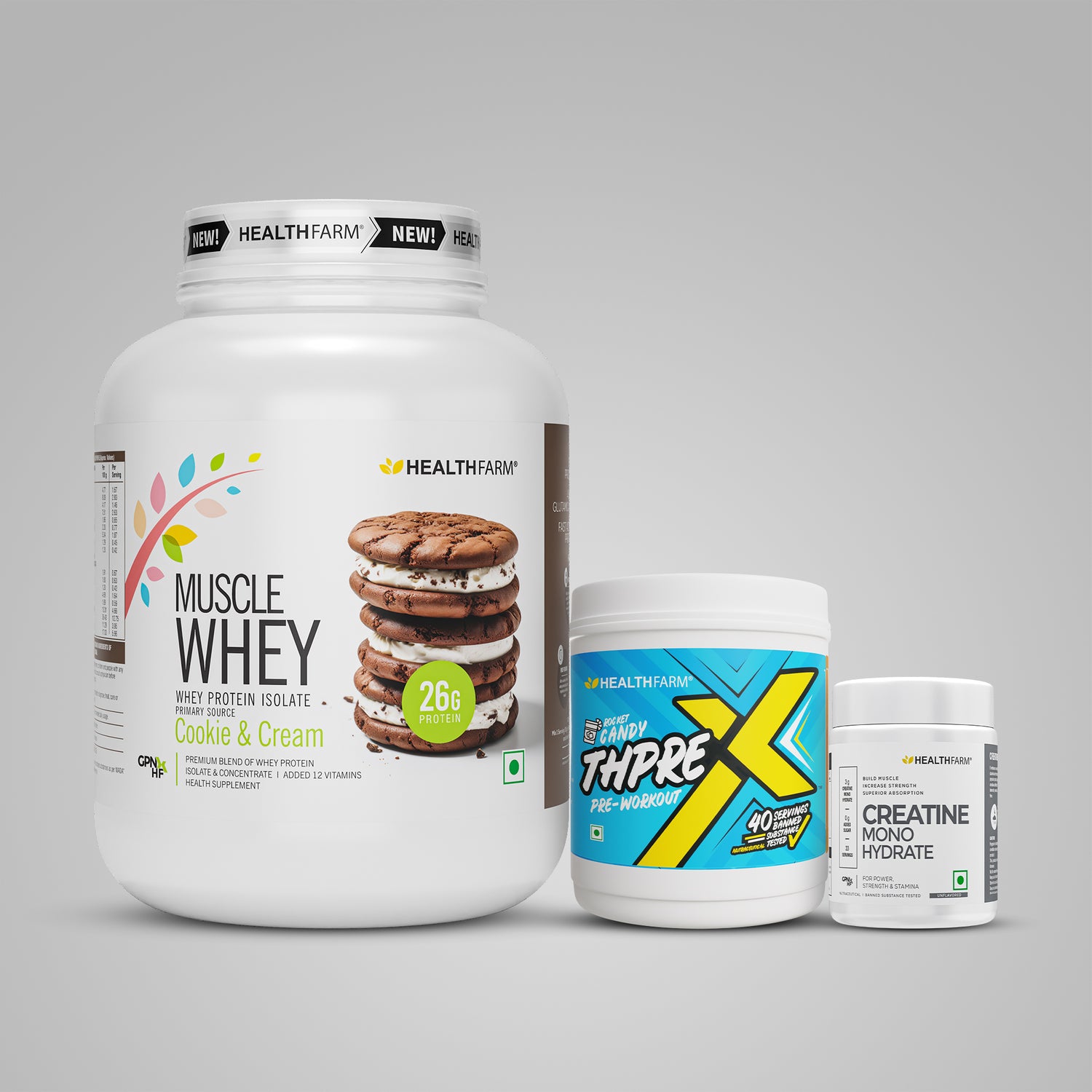 Healthfarm Muscle Whey (2Kg) + ThPreX Pre-workout + Creatine (100g)