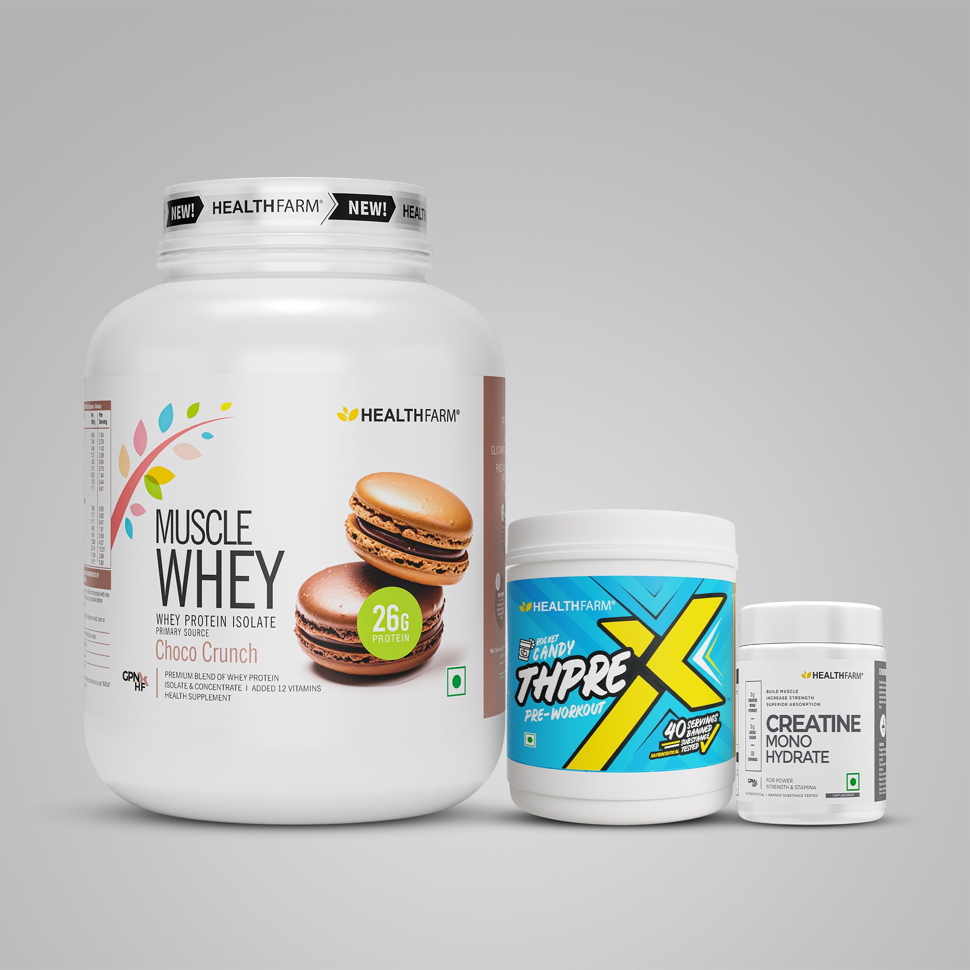 Healthfarm Muscle Whey (2Kg) + ThPreX Pre-workout + Creatine (100g)