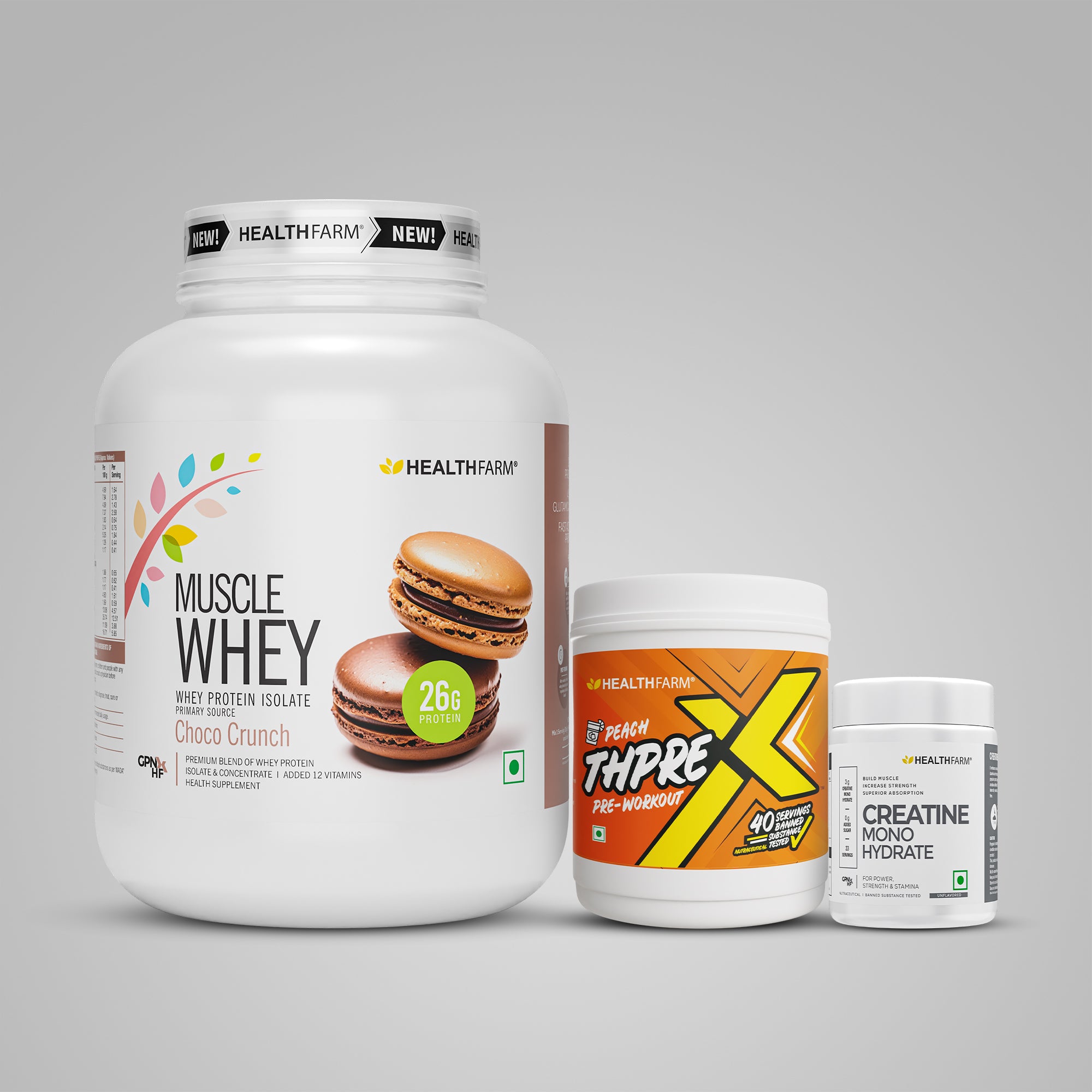 Healthfarm Muscle Whey (2Kg) + ThPreX Pre-workout + Creatine (100g)