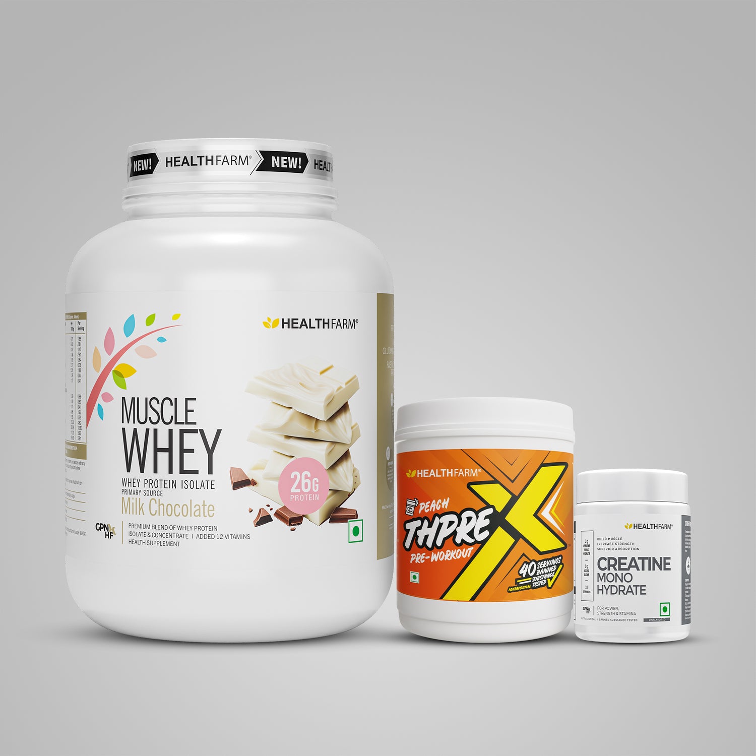 Healthfarm Muscle Whey (2Kg) + ThPreX Pre-workout + Creatine (100g)