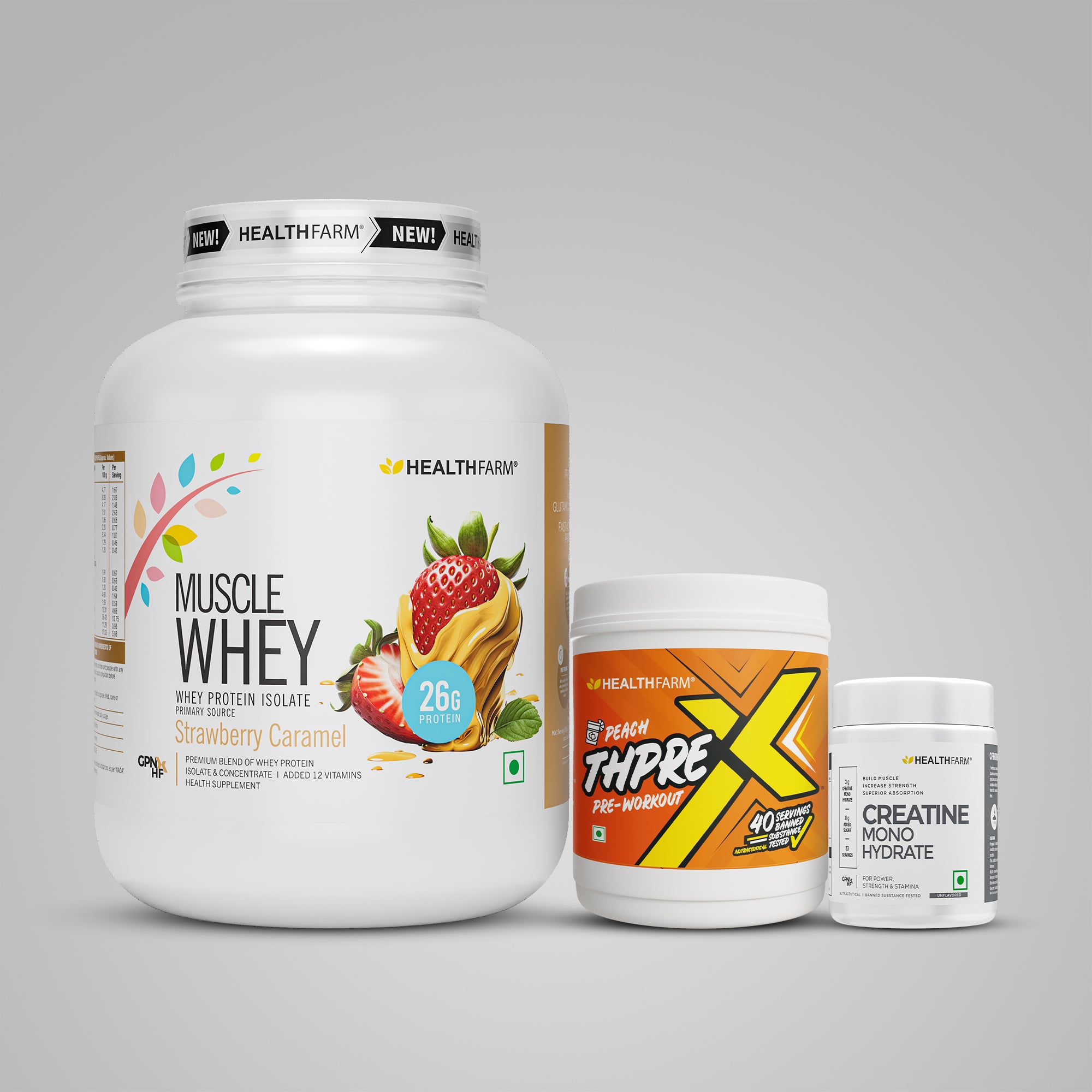 Healthfarm Muscle Whey (2Kg) + ThPreX Pre-workout + Creatine (100g)