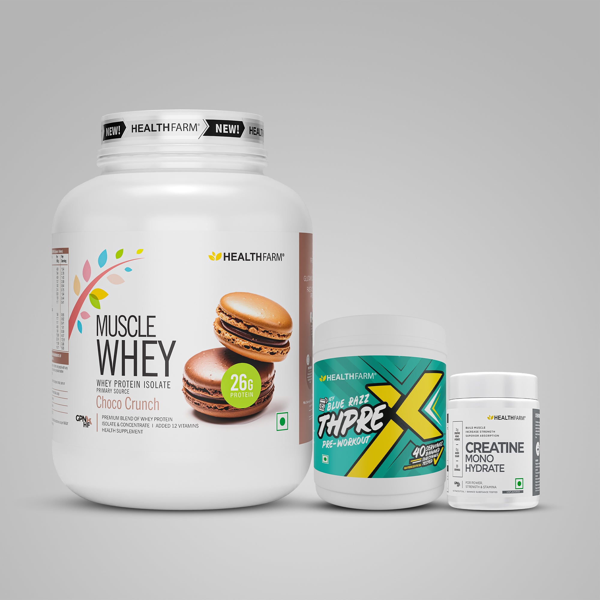 Healthfarm Muscle Whey (2Kg) + ThPreX Pre-workout + Creatine (100g)