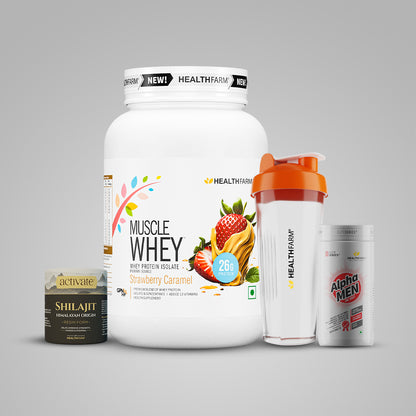 Healthfarm Muscle Whey 1KG + Shilajit + Alpha Men + Free Shaker