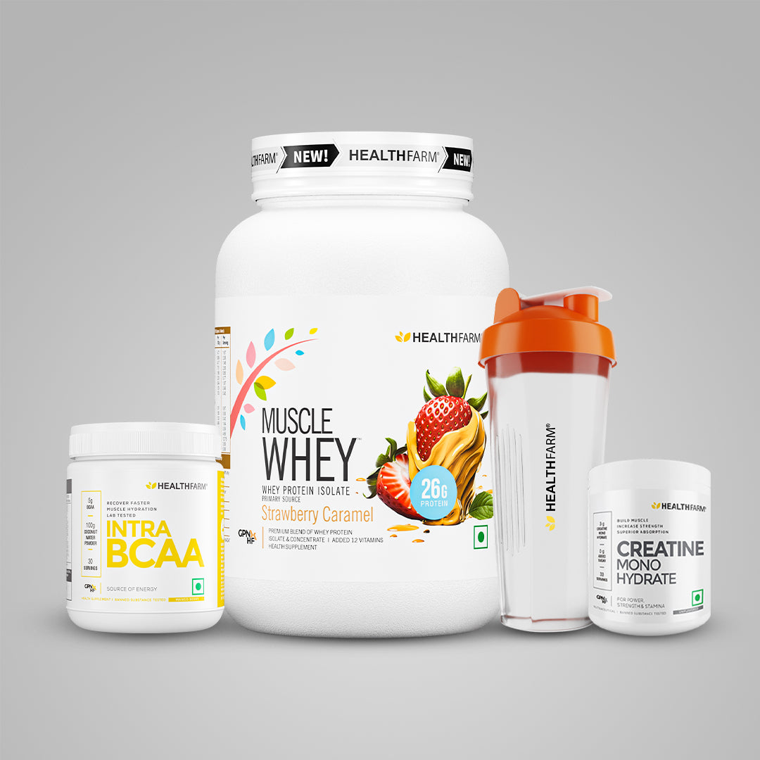 Healthfarm Intra BCAA + Muscle Whey 1kg +  Creatine 100gm + Free Shaker