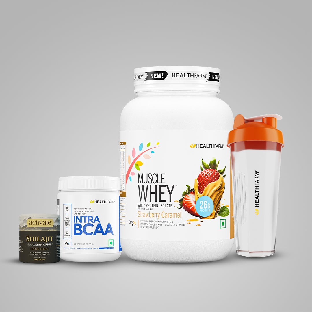 Healthfarm Muscle Whey (1kg) + Intra BCAA + Shilajit (20g) + Free Shaker
