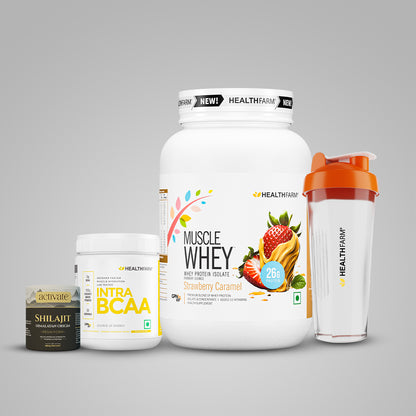Healthfarm Muscle Whey (1kg) + Intra BCAA + Shilajit (20g) + Free Shaker