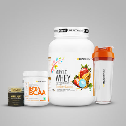 Healthfarm Muscle Whey (1kg) + Intra BCAA + Shilajit (20g) + Free Shaker