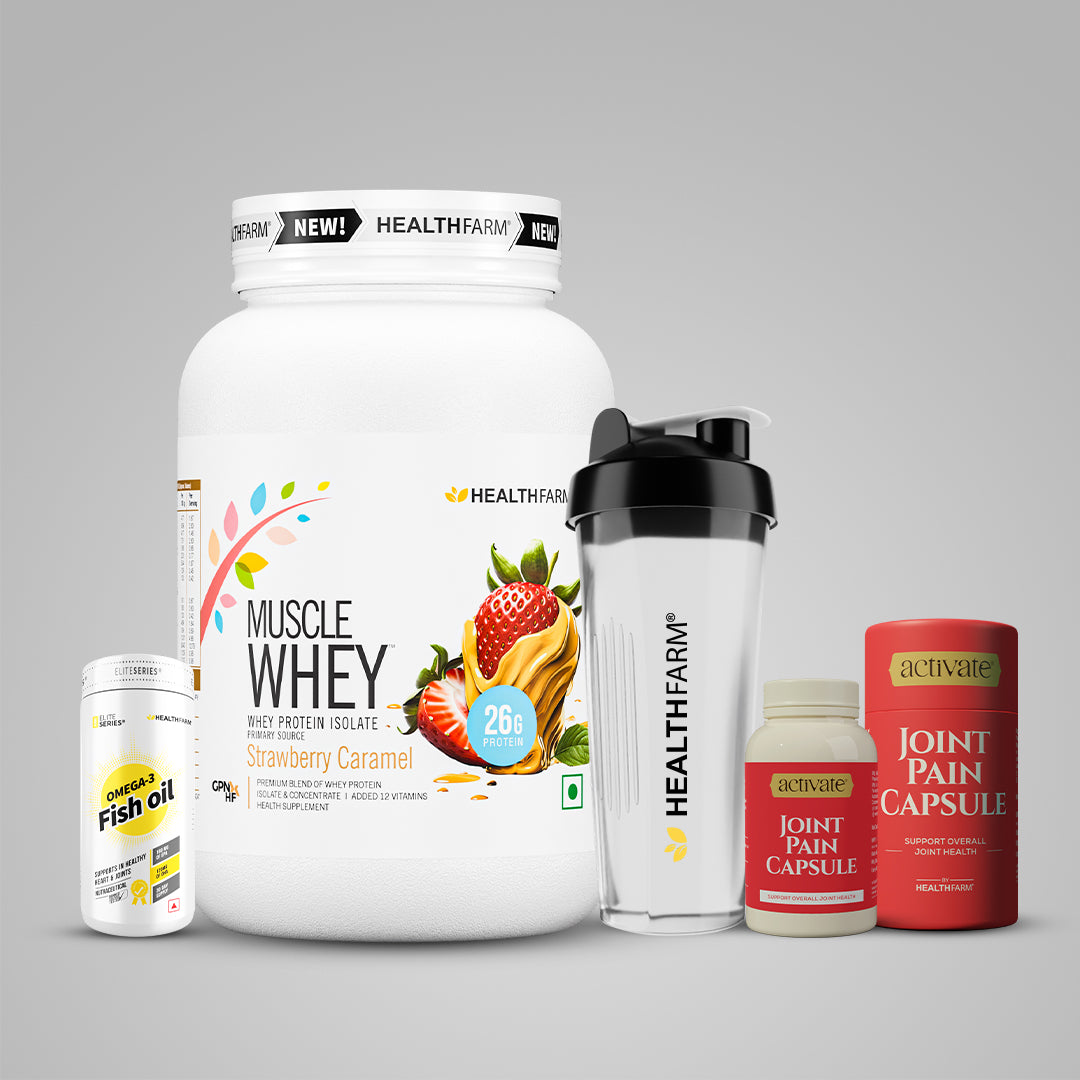 Healthfarm Muscle Whey (1kg) + Joint Pain Capsule + Fish Oil + Free Shaker