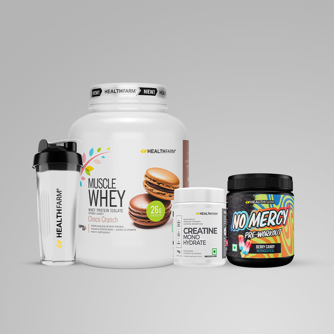 Healthfarm Muscle Whey (2Kg) + Creatine (100g) + No Mercy + Plastic Shaker