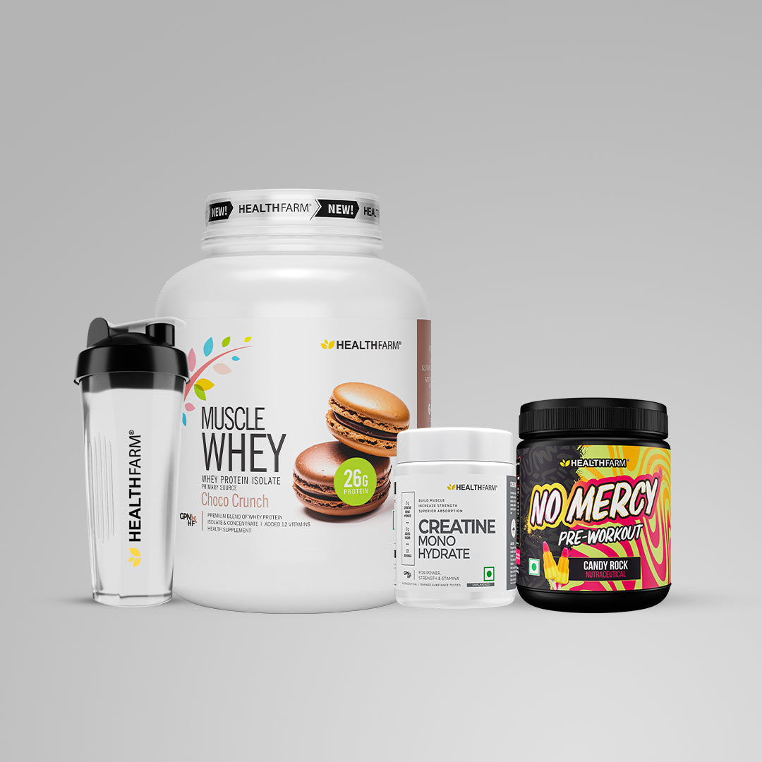 Healthfarm Muscle Whey (2Kg) + Creatine (100g) + No Mercy + Plastic Shaker
