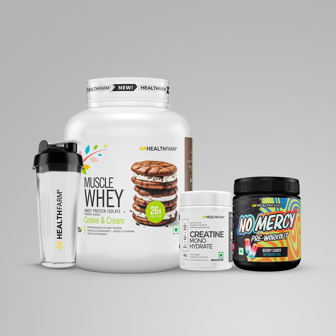 Healthfarm Muscle Whey (1.8kg) + No Mercy (130g) + Creatine (100g) + Plastic Shaker