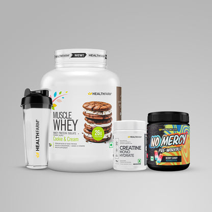 Healthfarm Muscle Whey (1.8kg) + No Mercy (130g) + Creatine (100g) + Plastic Shaker
