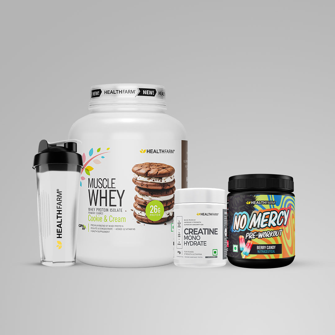 Healthfarm Muscle Whey (2Kg) + Creatine (100g) + No Mercy + Plastic Shaker