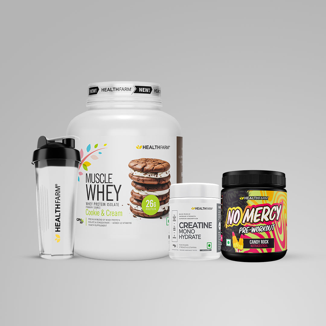 Healthfarm Muscle Whey (2Kg) + Creatine (100g) + No Mercy + Plastic Shaker