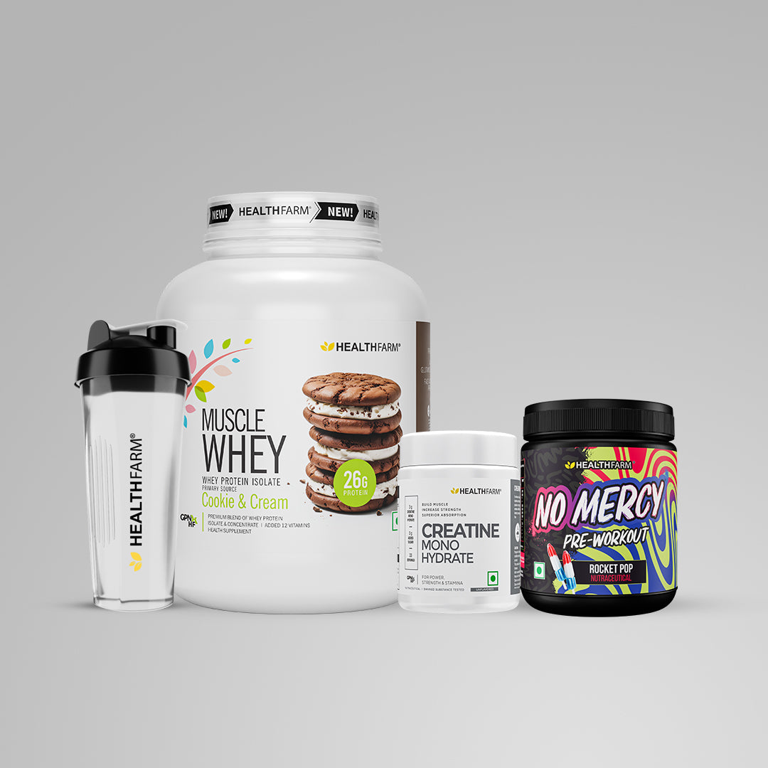 Healthfarm Muscle Whey (2Kg) + Creatine (100g) + No Mercy + Plastic Shaker