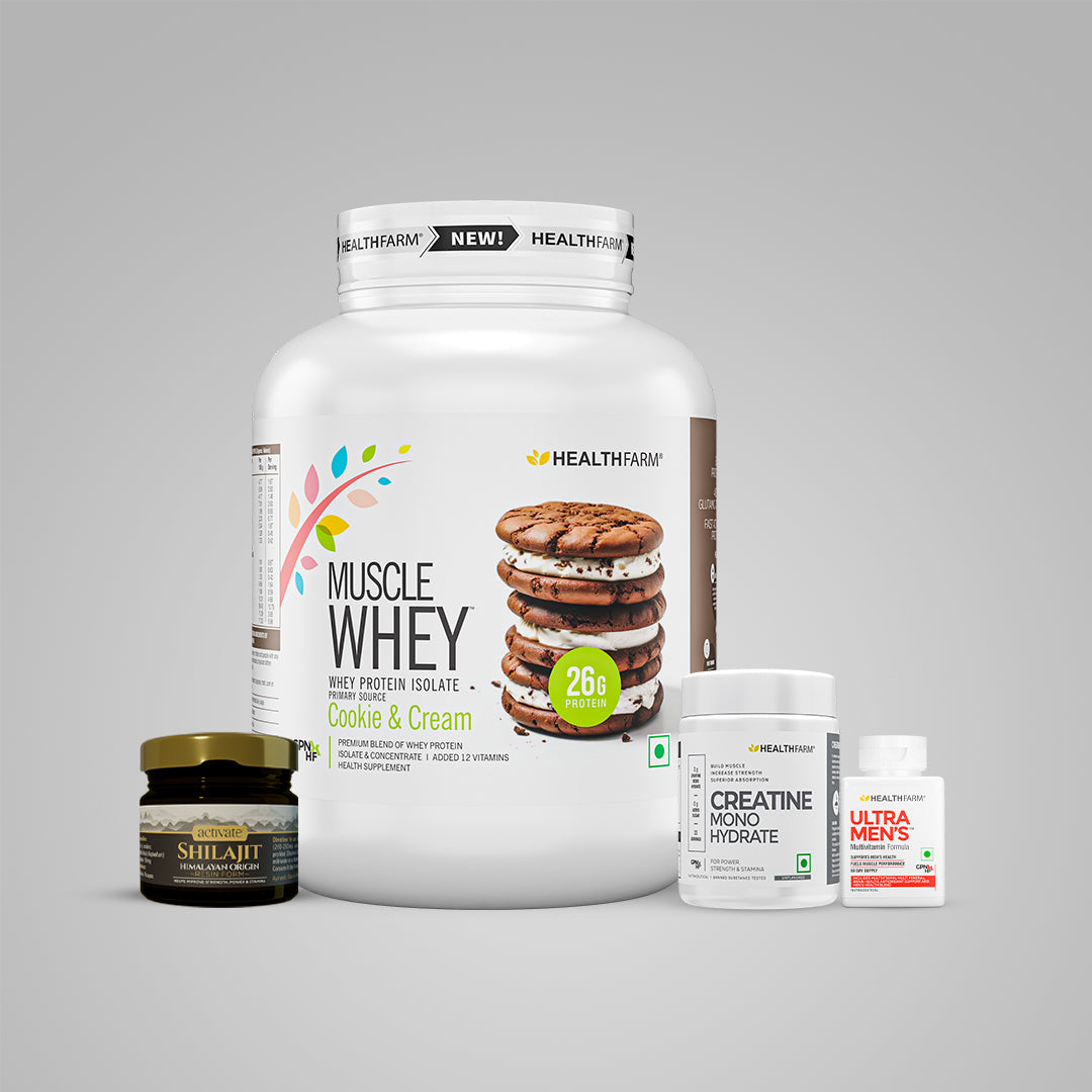 Healthfarm Muscle Whey (1.8kg) + Shilajit (20g) + Creatine (100g) +Ultra Men&