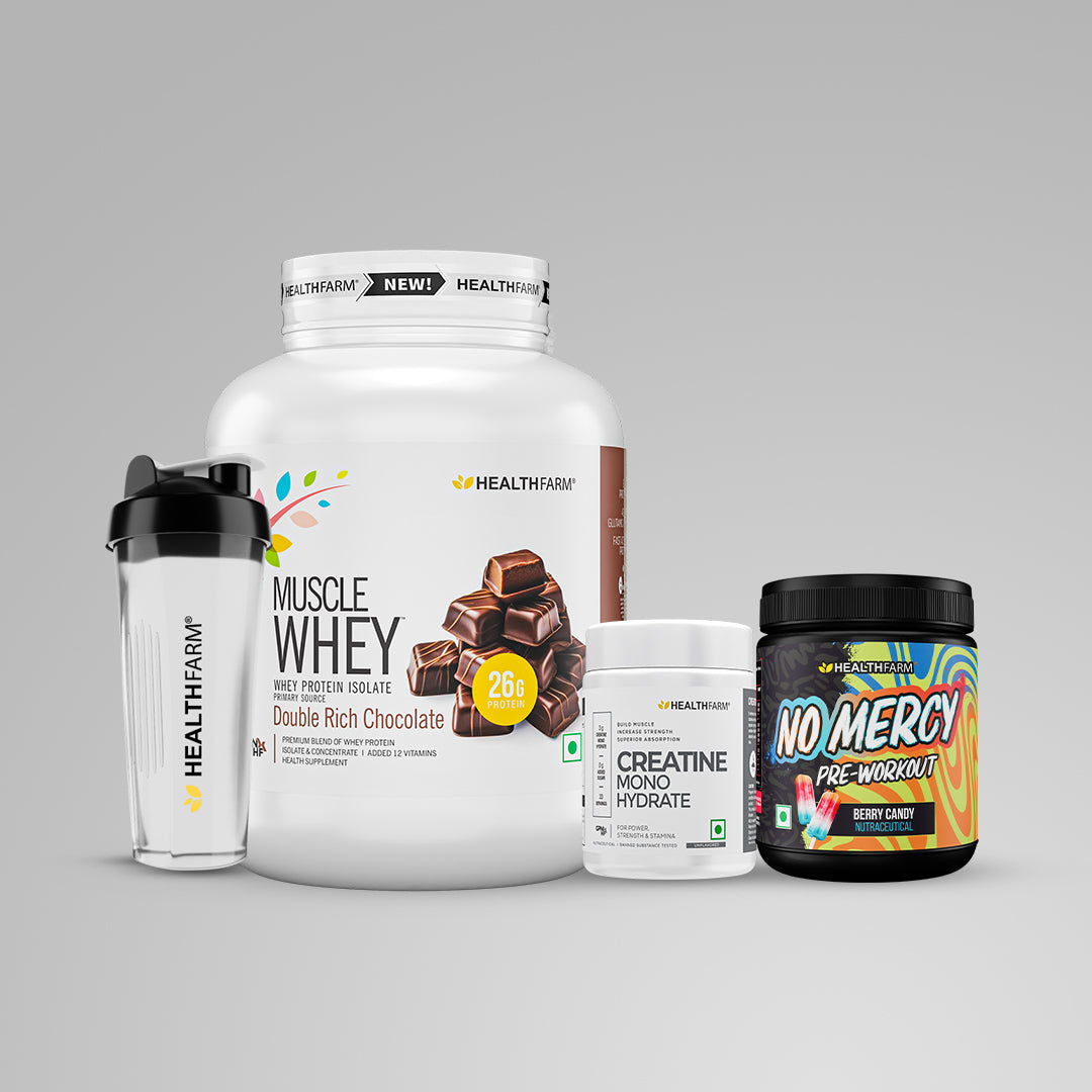Healthfarm Muscle Whey (1.8kg) + No Mercy (130g) + Creatine (100g) + Plastic Shaker