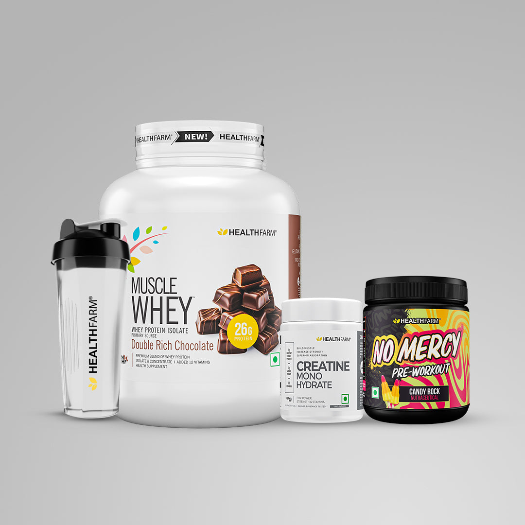 Healthfarm Muscle Whey (1.8kg) + No Mercy (130g) + Creatine (100g) + Plastic Shaker