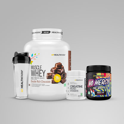 Healthfarm Muscle Whey (1.8kg) + No Mercy (130g) + Creatine (100g) + Plastic Shaker