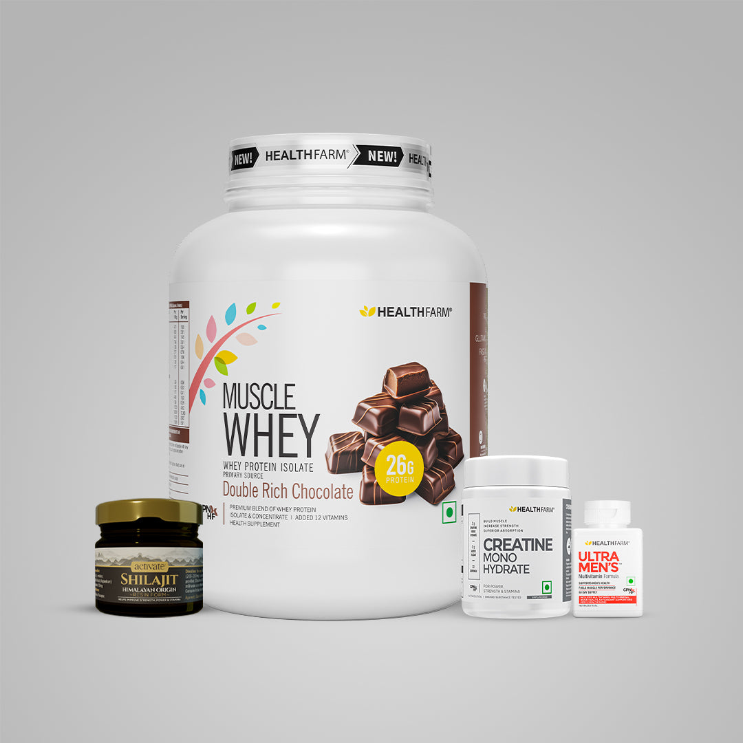 Healthfarm Muscle Whey (1.8kg) + Shilajit (20g) + Creatine (100g) +Ultra Men&