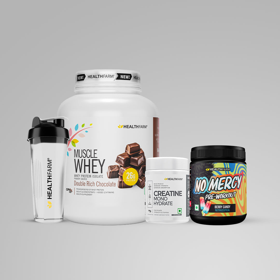Healthfarm Muscle Whey (2Kg) + Creatine (100g) + No Mercy + Plastic Shaker