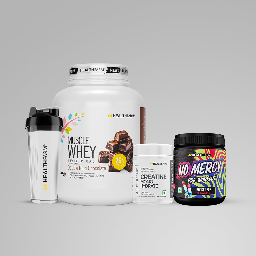 Healthfarm Muscle Whey (2Kg) + Creatine (100g) + No Mercy + Plastic Shaker