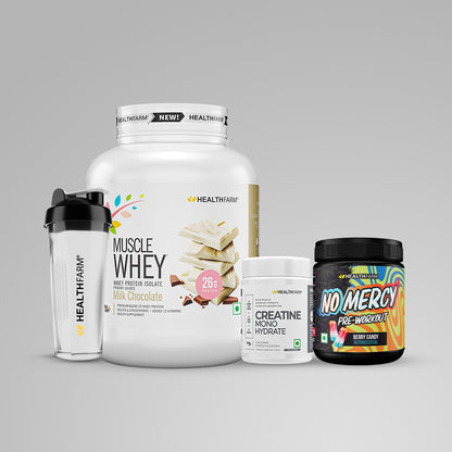 Healthfarm Muscle Whey (1.8kg) + No Mercy (130g) + Creatine (100g) + Plastic Shaker