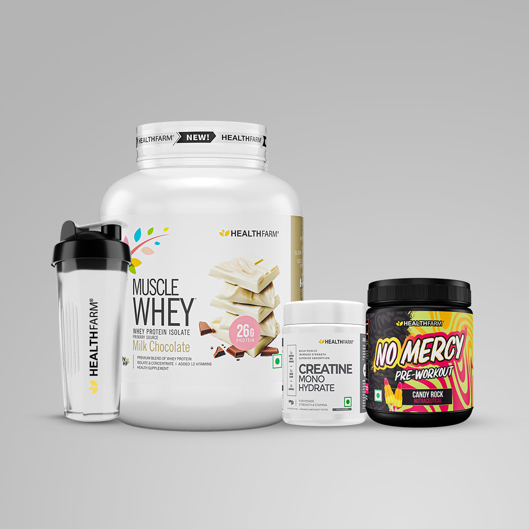 Healthfarm Muscle Whey (1.8kg) + No Mercy (130g) + Creatine (100g) + Plastic Shaker