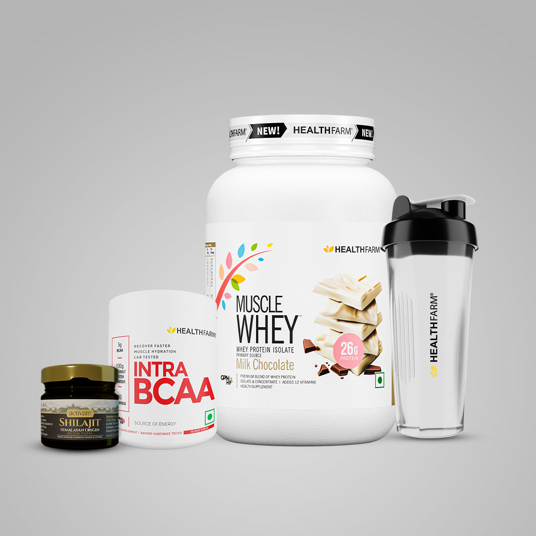 Healthfarm Muscle Whey (1kg) + Intra BCAA + Shilajit (20g) + Free Shaker