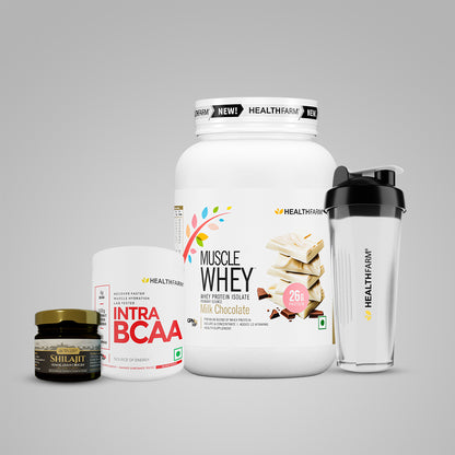Healthfarm Muscle Whey (1kg) + Intra BCAA + Shilajit (20g) + Free Shaker