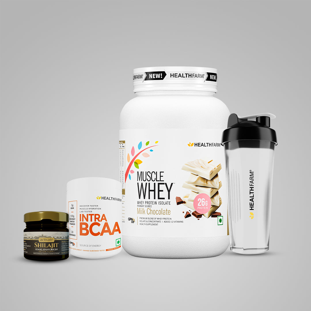 Healthfarm Muscle Whey (1kg) + Intra BCAA + Shilajit (20g) + Free Shaker