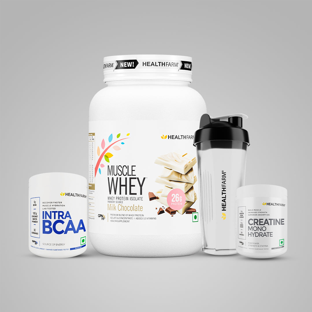 Healthfarm Intra BCAA + Muscle Whey 1kg +  Creatine 100gm + Free Shaker