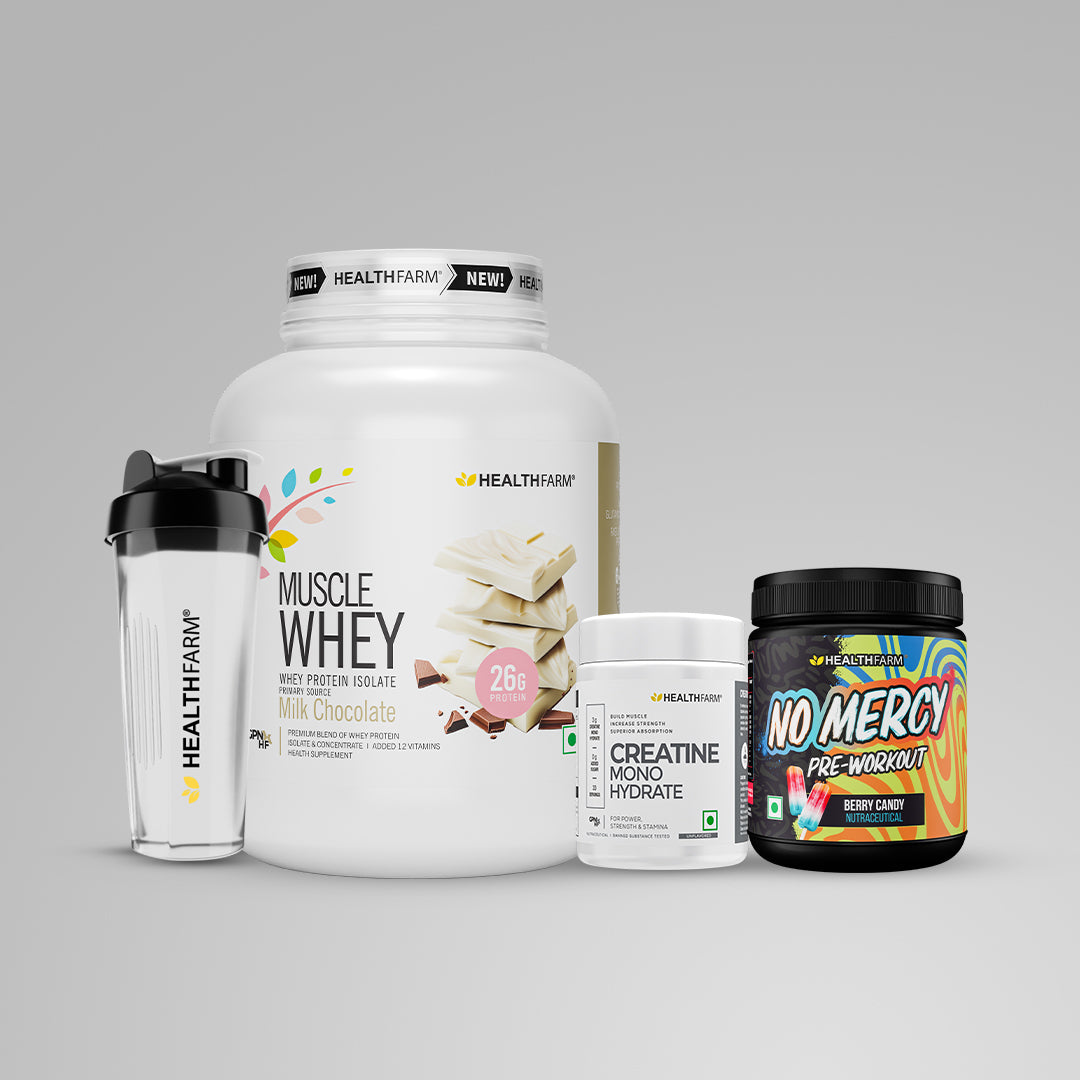 Healthfarm Muscle Whey (2Kg) + Creatine (100g) + No Mercy + Plastic Shaker