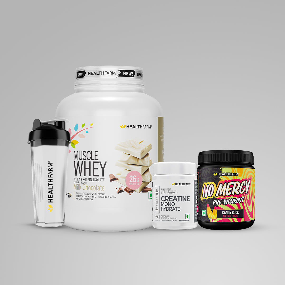 Healthfarm Muscle Whey (2Kg) + Creatine (100g) + No Mercy + Plastic Shaker