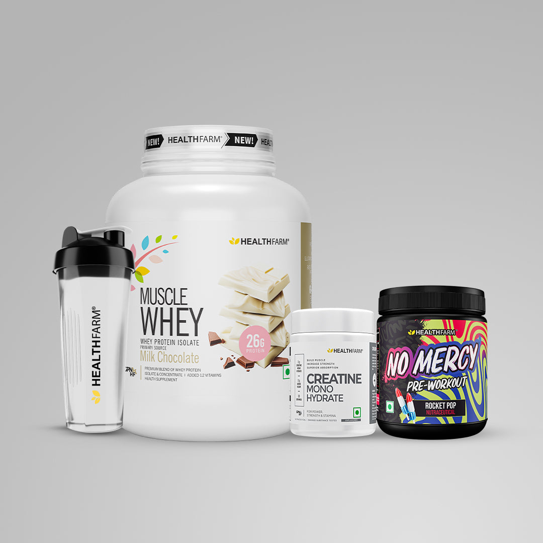 Healthfarm Muscle Whey (2Kg) + Creatine (100g) + No Mercy + Plastic Shaker