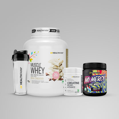 Healthfarm Muscle Whey (2Kg) + Creatine (100g) + No Mercy + Plastic Shaker
