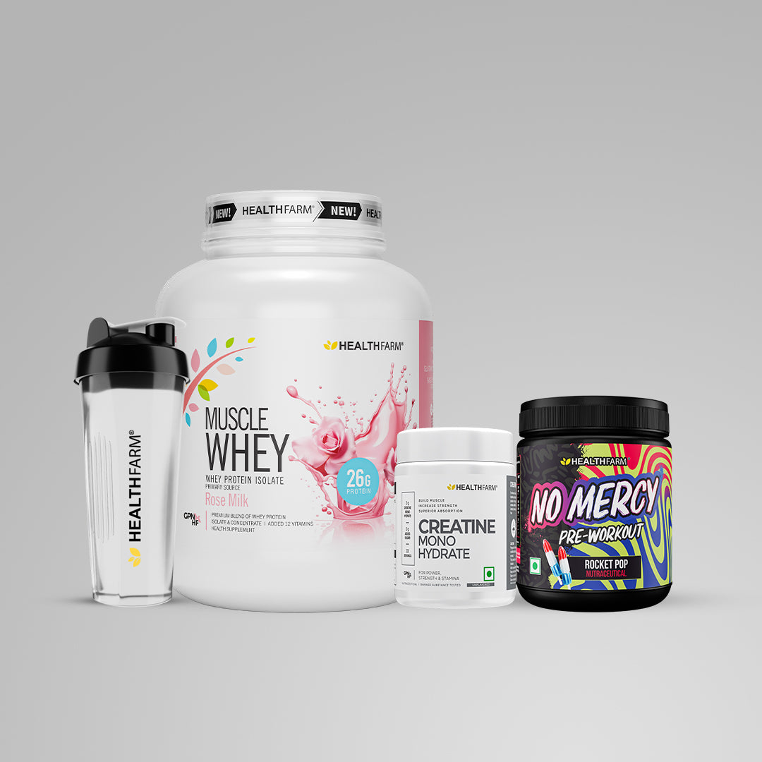 Healthfarm Muscle Whey (2Kg) + Creatine (100g) + No Mercy + Plastic Shaker