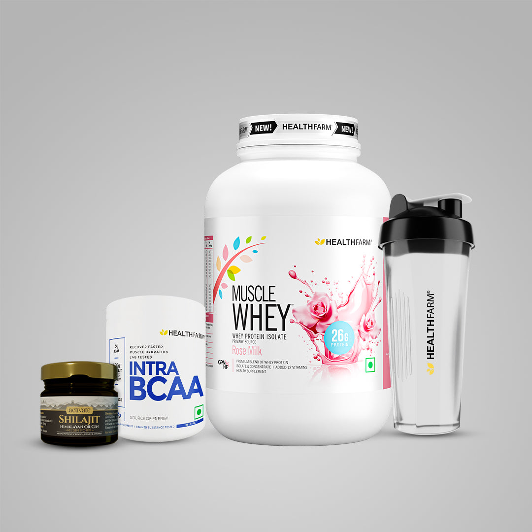 Healthfarm Muscle Whey (1kg) + Intra BCAA + Shilajit (20g) + Free Shaker