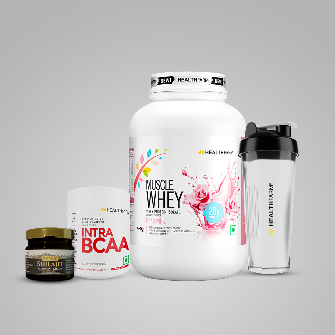 Healthfarm Muscle Whey (1kg) + Intra BCAA + Shilajit (20g) + Free Shaker