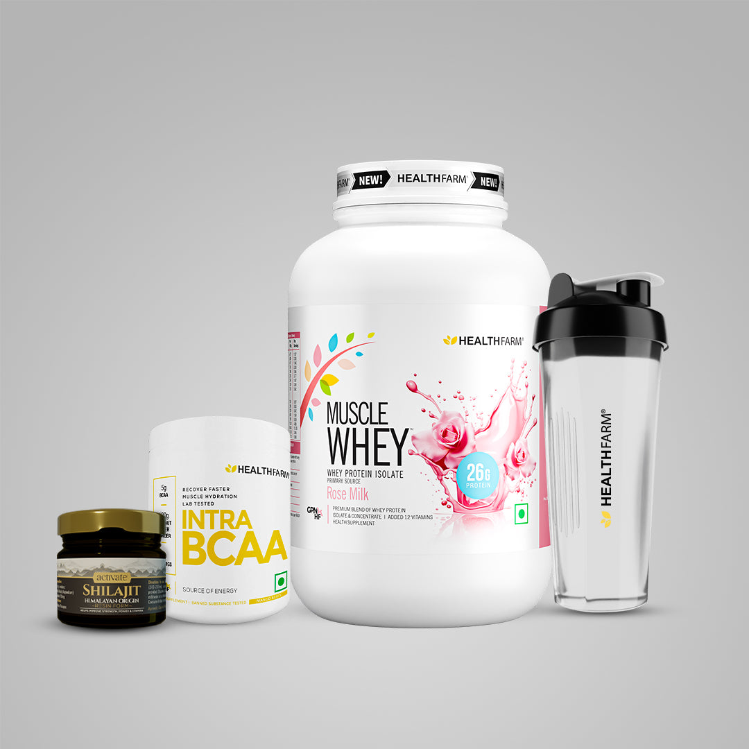Healthfarm Muscle Whey (1kg) + Intra BCAA + Shilajit (20g) + Free Shaker