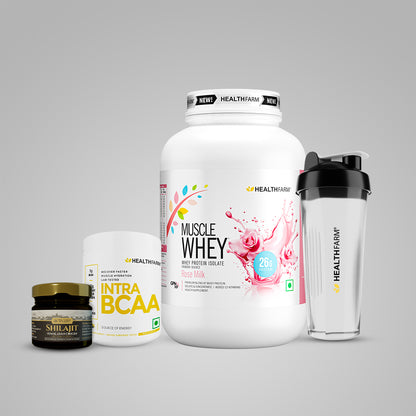 Healthfarm Muscle Whey (1kg) + Intra BCAA + Shilajit (20g) + Free Shaker