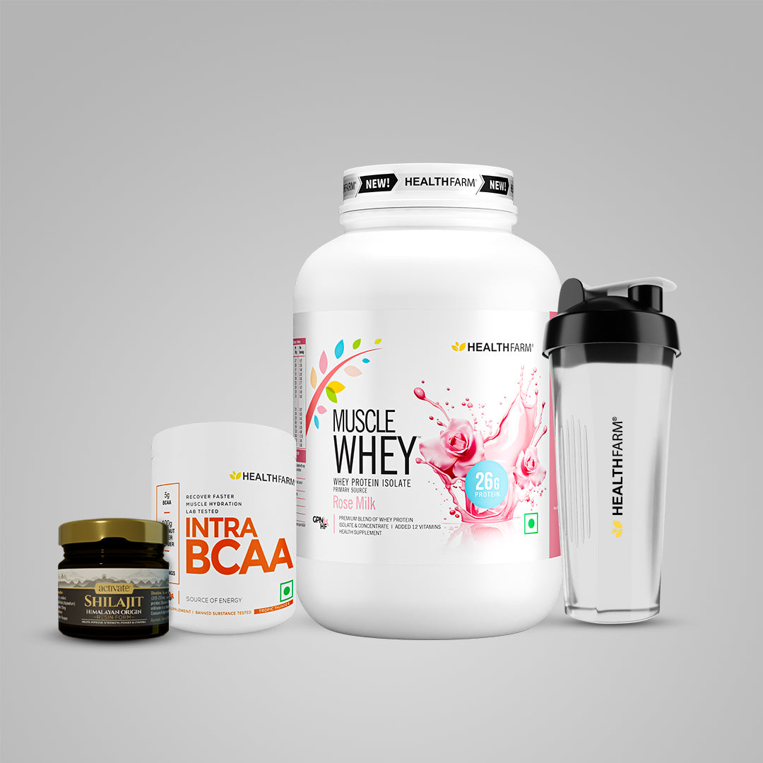 Healthfarm Muscle Whey (1kg) + Intra BCAA + Shilajit (20g) + Free Shaker