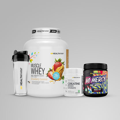 Healthfarm Muscle Whey (2Kg) + Creatine (100g) + No Mercy + Plastic Shaker