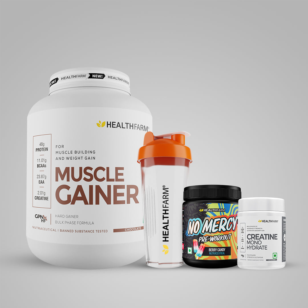 Healthfarm Muscle Gainer (3Kg) + No Mercy + Creatine (100g) + Free Shaker