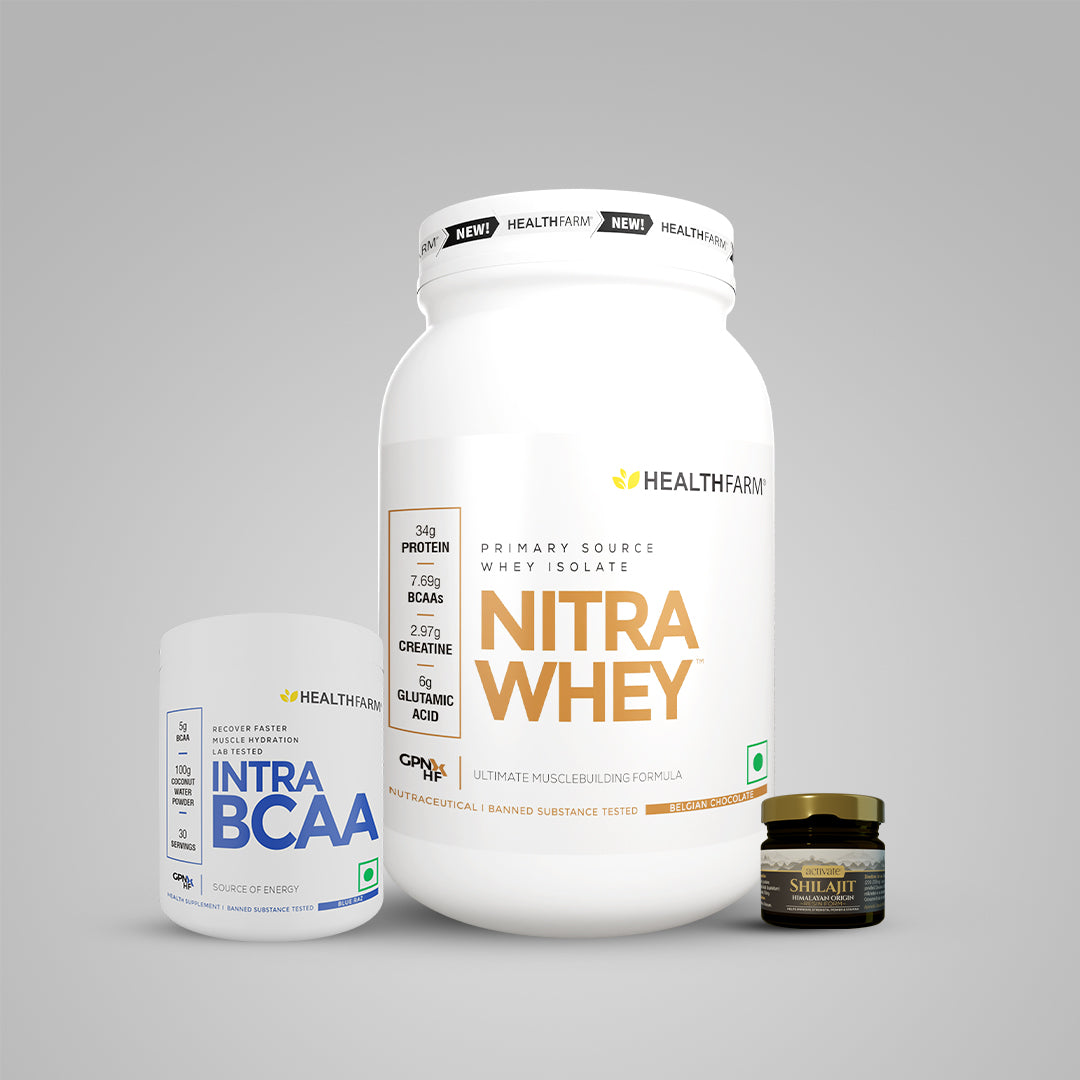 Healthfarm Nitra Whey (1Kg) + Intra BCAA (180g) + Shilajit (20g)