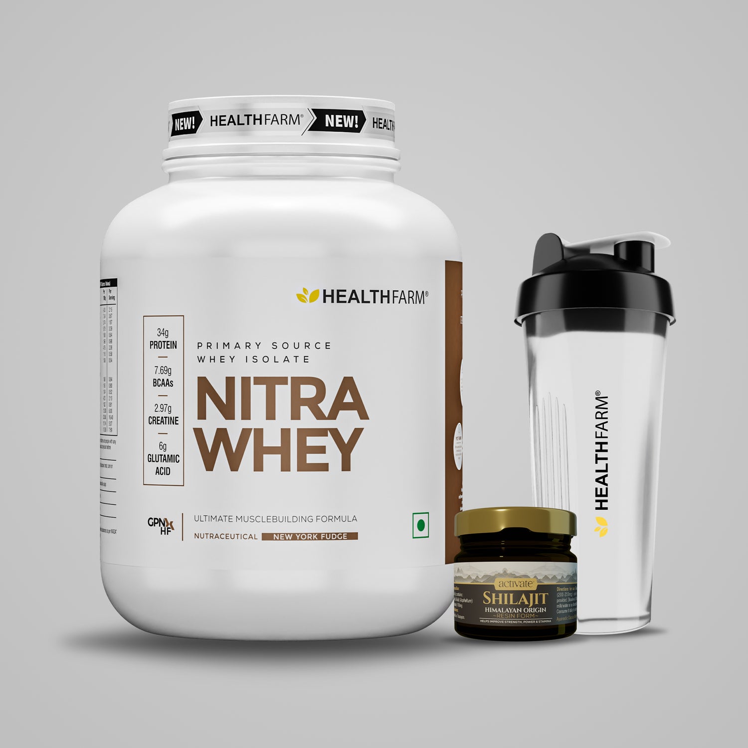 Healthfarm Nitra Whey (2Kg) + Shilajit (10g) + Shaker